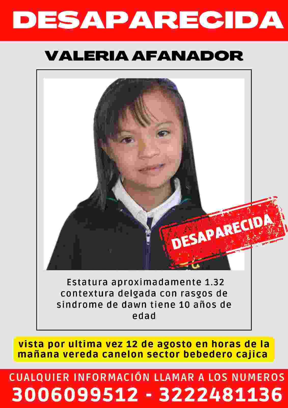 Tres días después de su desaparición en Cajicá, las autoridades centran la búsqueda de Valeria Afanador en nuevas hipótesis, tras descartar que la menor hubiera caído al río.